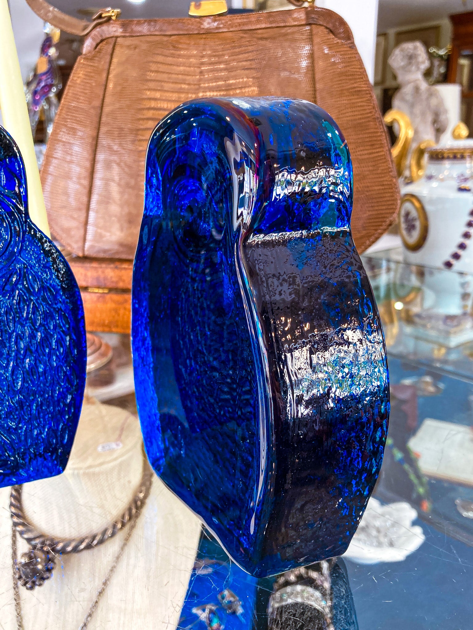 Vintage 1960's Stylized Owl MCM Blenko Cast Cobalt Blue Glass Bookends