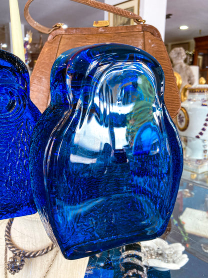 Vintage 1960's Stylized Owl MCM Blenko Cast Cobalt Blue Glass Bookends