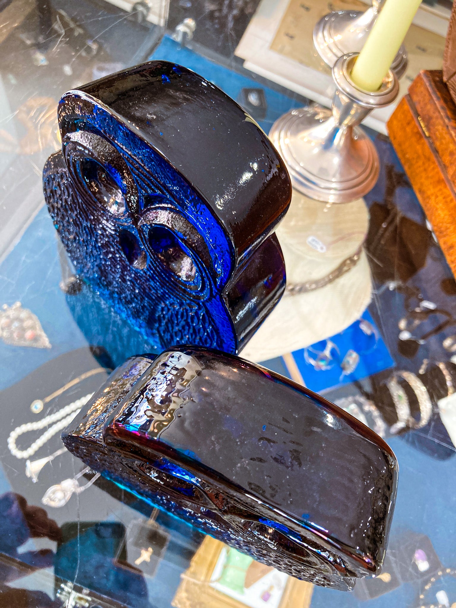 Vintage 1960's Stylized Owl MCM Blenko Cast Cobalt Blue Glass Bookends
