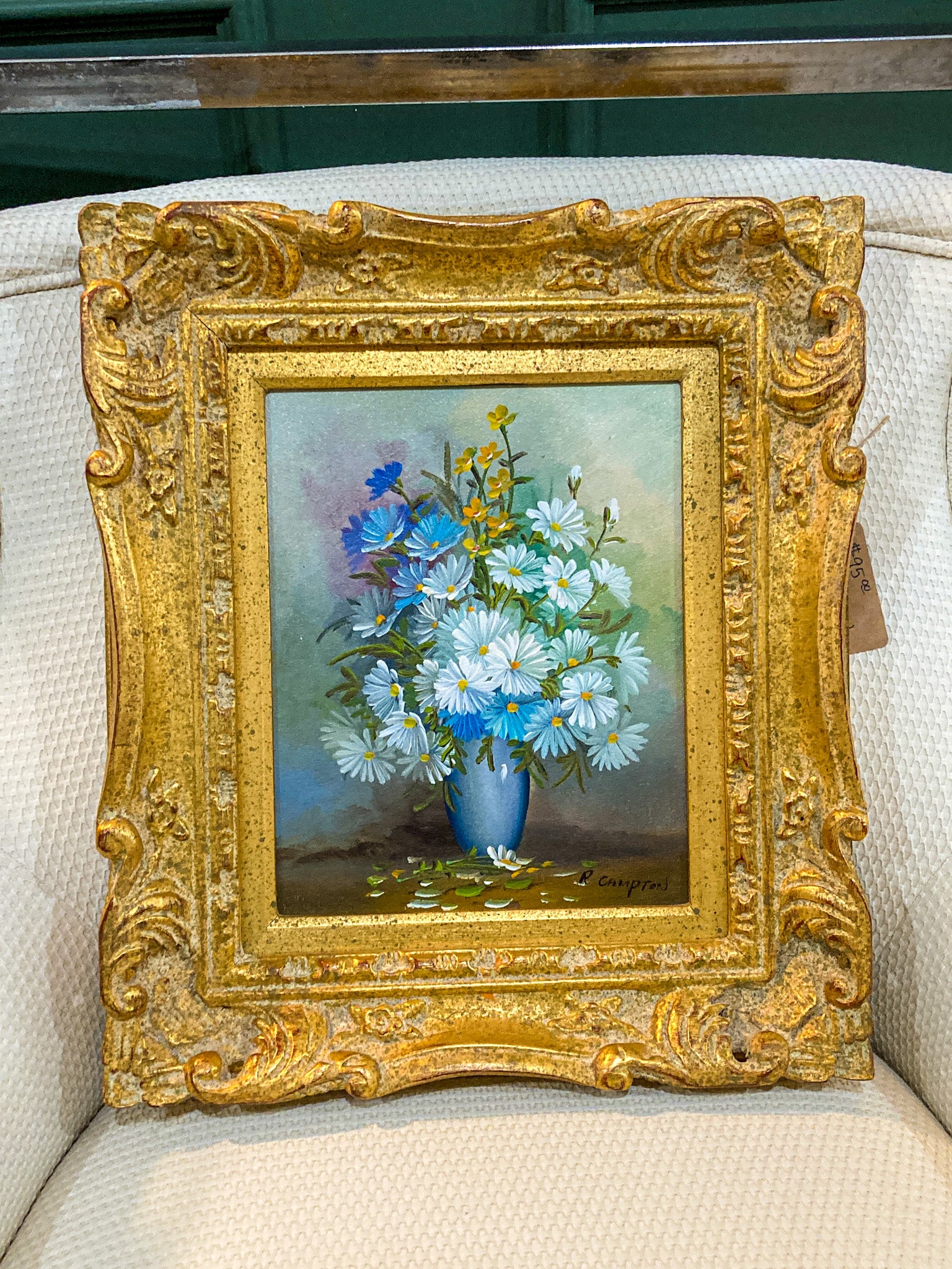 Vintage 1970s Floral Bouquet Still Life R. Campton Framed Canvas Oil Painting