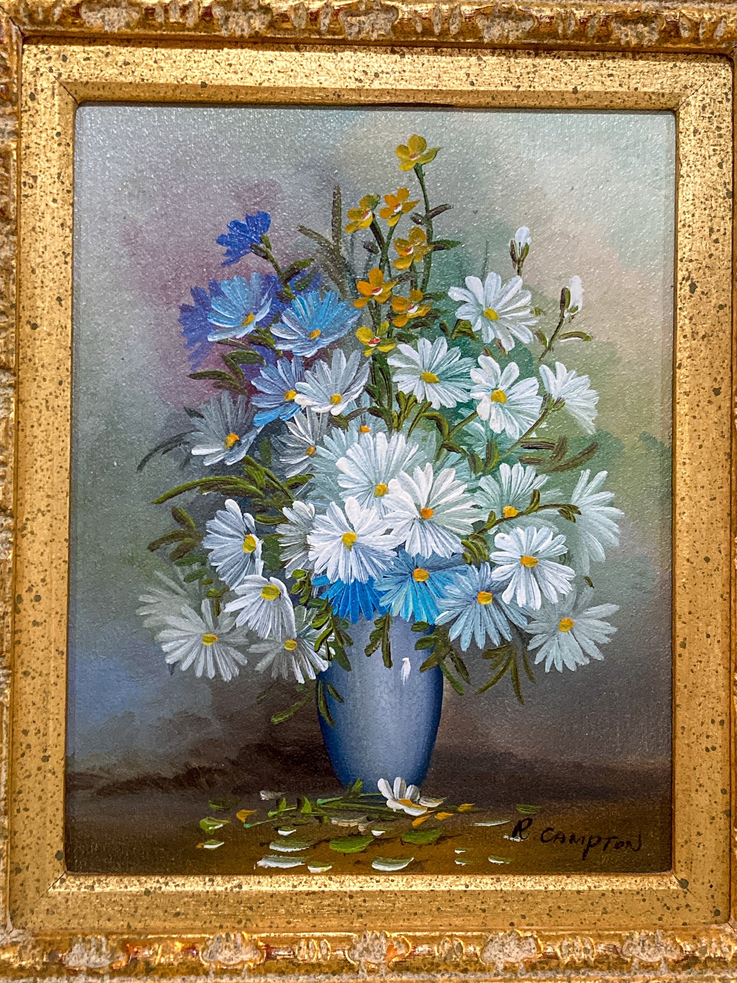 Vintage 1970s Floral Bouquet Still Life R. Campton Framed Canvas Oil Painting