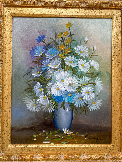 Vintage 1970s Floral Bouquet Still Life R. Campton Framed Canvas Oil Painting