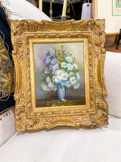Vintage 1970s Floral Bouquet Still Life R. Campton Framed Canvas Oil Painting