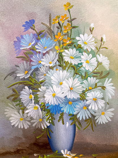 Vintage 1970s Floral Bouquet Still Life R. Campton Framed Canvas Oil Painting