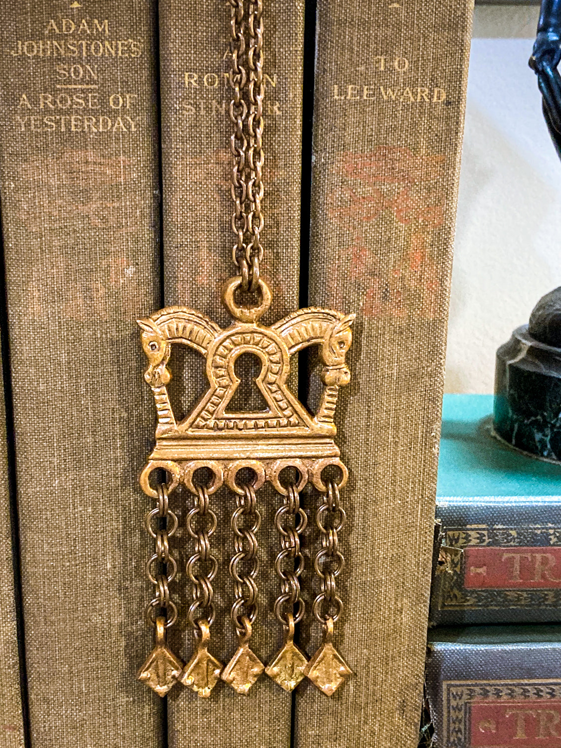 Vintage Horse Head Kalevala Koru Finnish Ancient Style Gold Metal Dangle Necklace