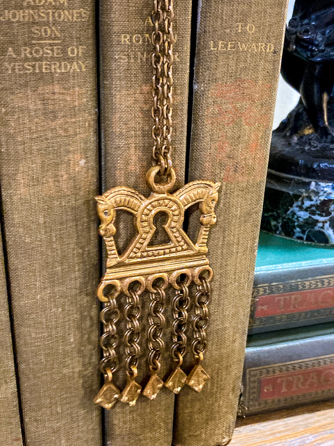Vintage Horse Head Kalevala Koru Finnish Ancient Style Gold Metal Dangle Necklace