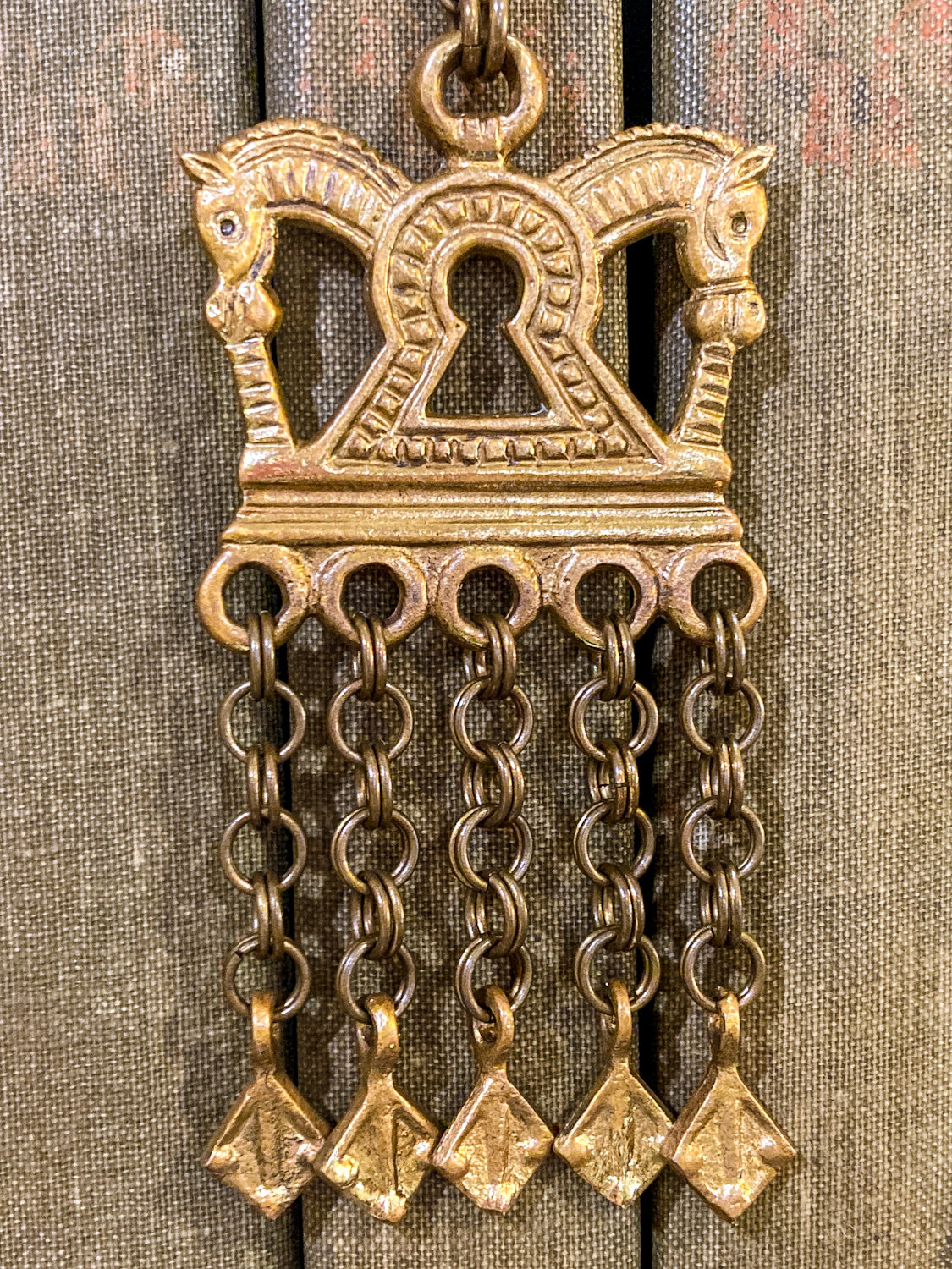 Vintage Horse Head Kalevala Koru Finnish Ancient Style Gold Metal Dangle Necklace