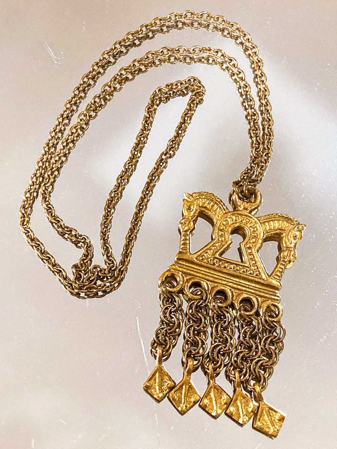 Vintage Horse Head Kalevala Koru Finnish Ancient Style Gold Metal Dangle Necklace
