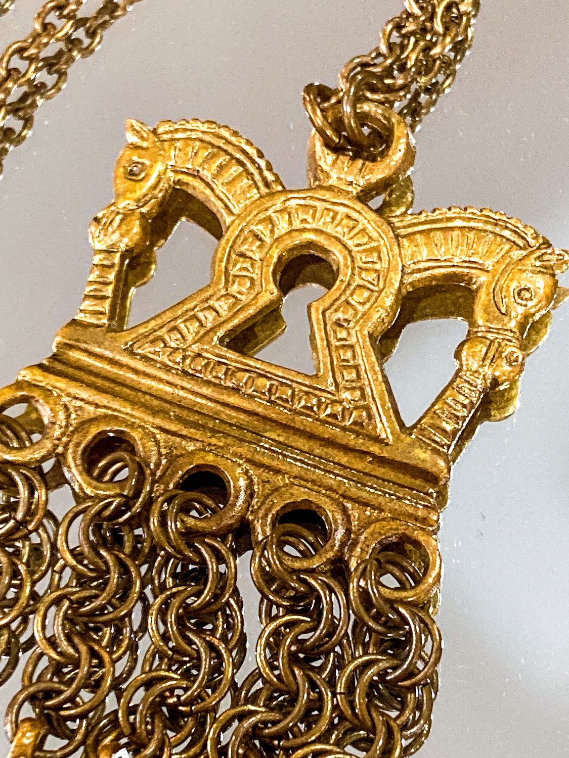 Vintage Horse Head Kalevala Koru Finnish Ancient Style Gold Metal Dangle Necklace