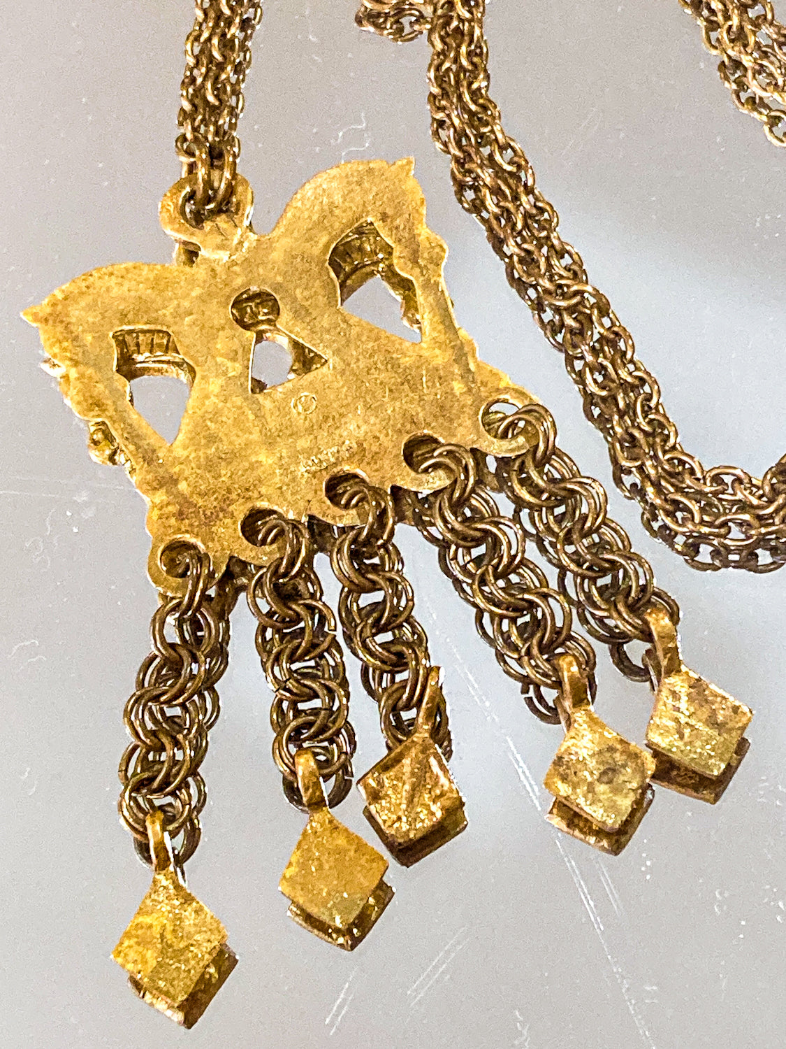 Vintage Horse Head Kalevala Koru Finnish Ancient Style Gold Metal Dangle Necklace