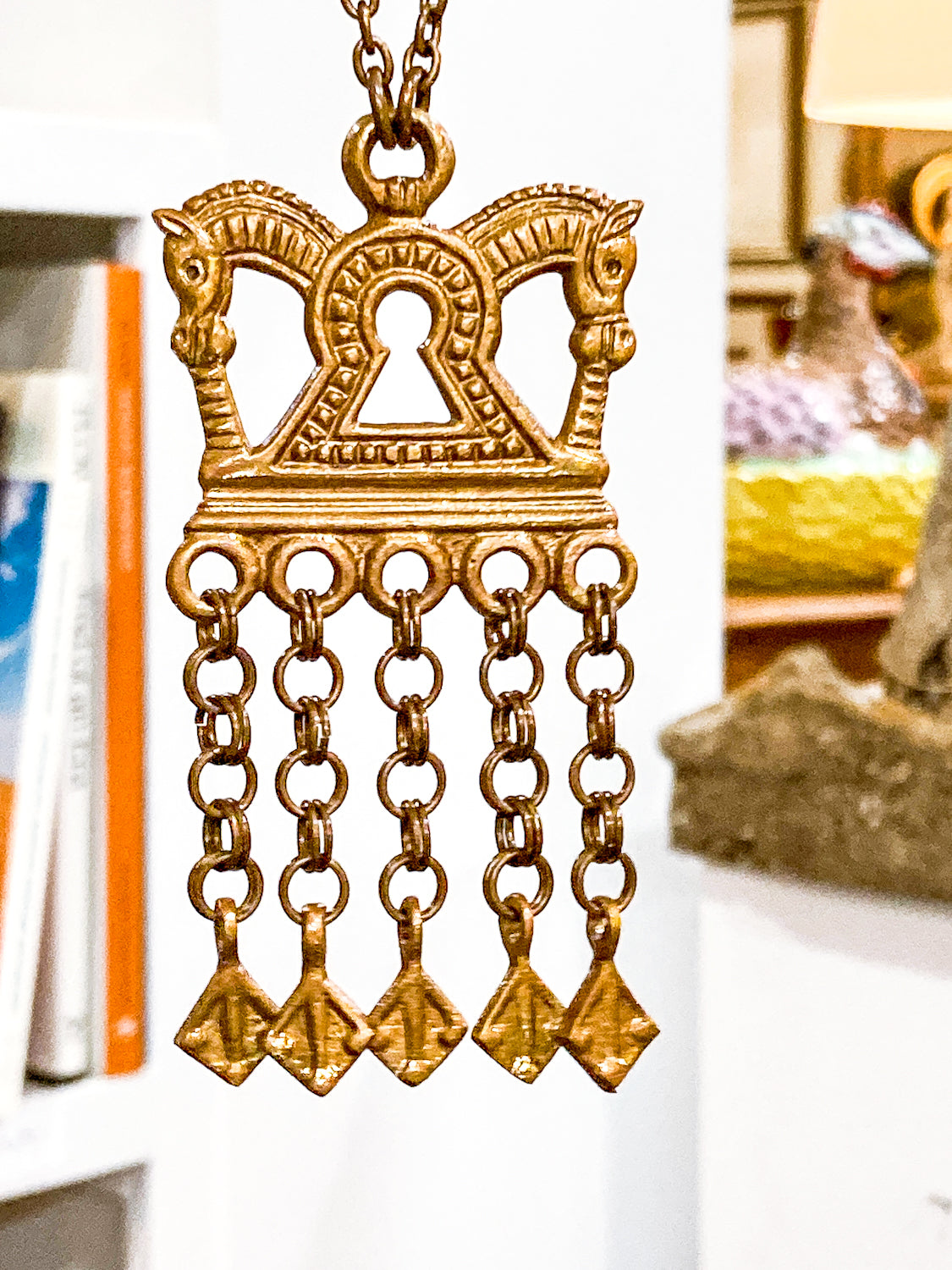 Vintage Horse Head Kalevala Koru Finnish Ancient Style Gold Metal Dangle Necklace