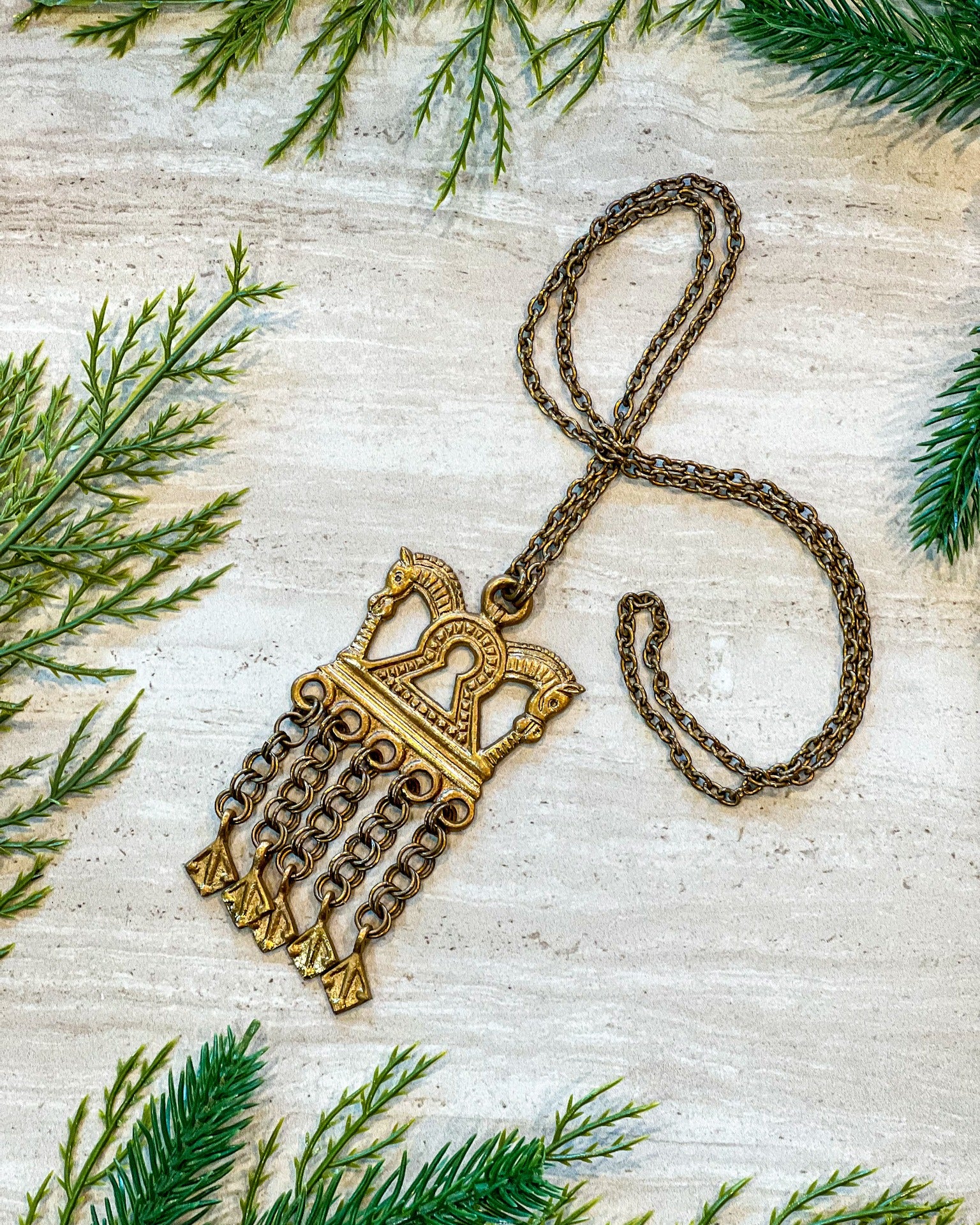 Vintage Horse Head Kalevala Koru Finnish Ancient Style Gold Metal Dangle Necklace