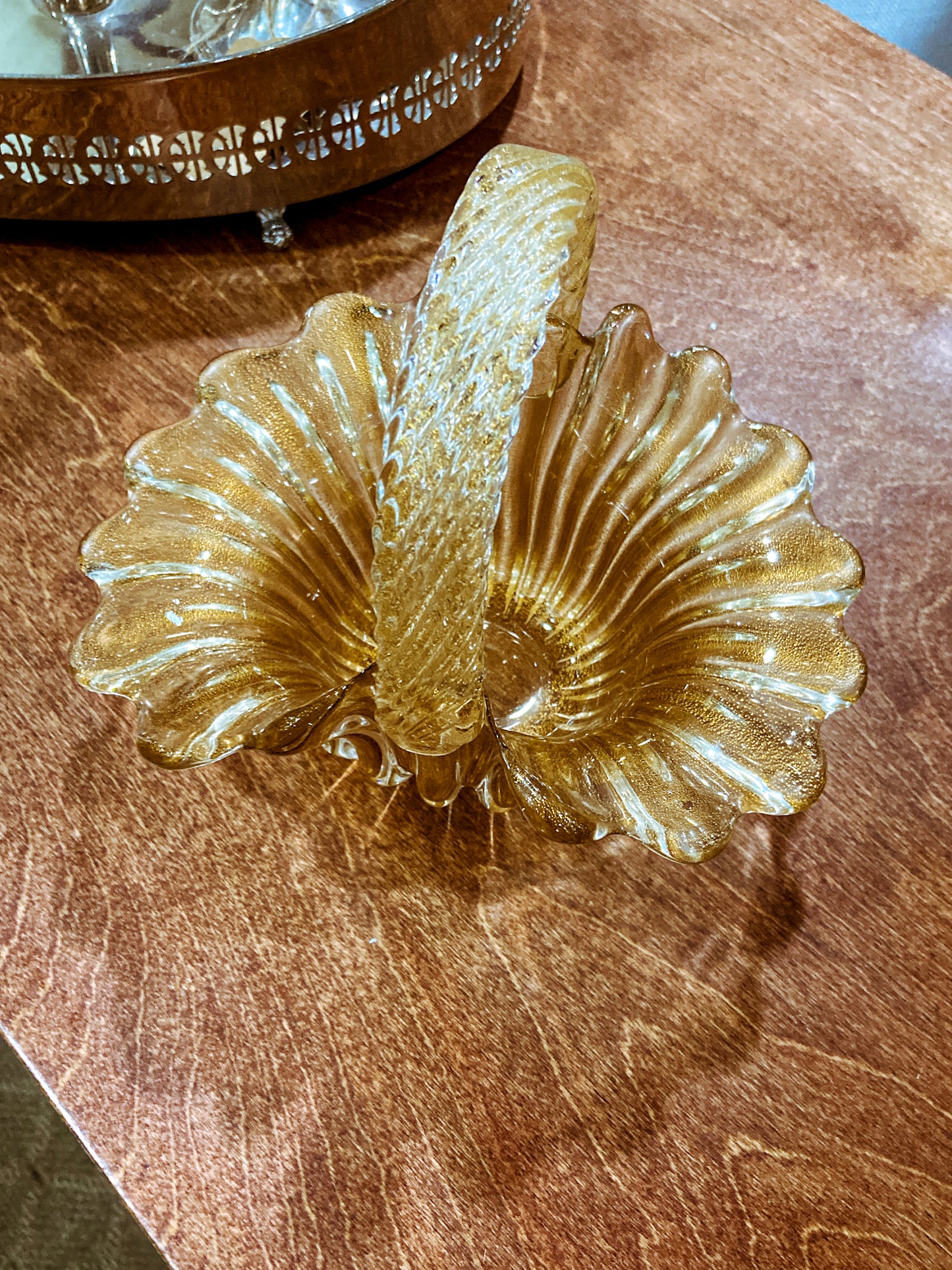 Vintage 1970s Murano Italian Gold Fleck Handblown Glass Basket Bowl