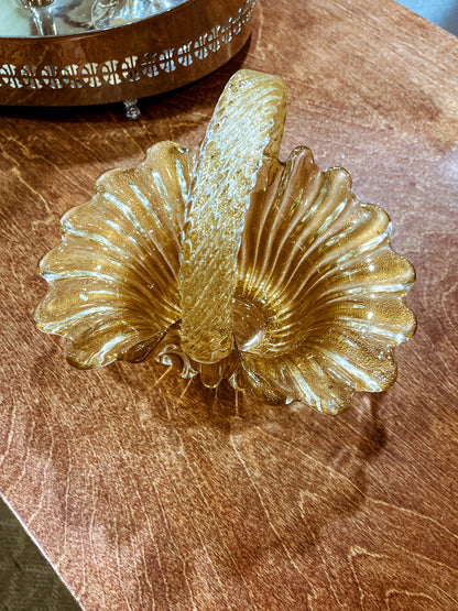 Vintage 1970s Murano Italian Gold Fleck Handblown Glass Basket Bowl