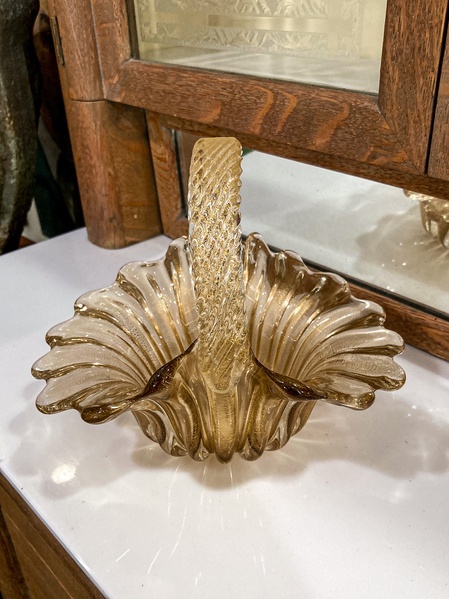 Vintage 1970s Murano Italian Gold Fleck Handblown Glass Basket Bowl