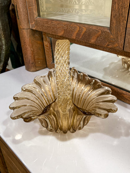 Vintage 1970s Murano Italian Gold Fleck Handblown Glass Basket Bowl