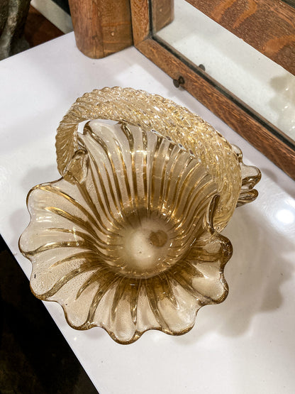 Vintage 1970s Murano Italian Gold Fleck Handblown Glass Basket Bowl