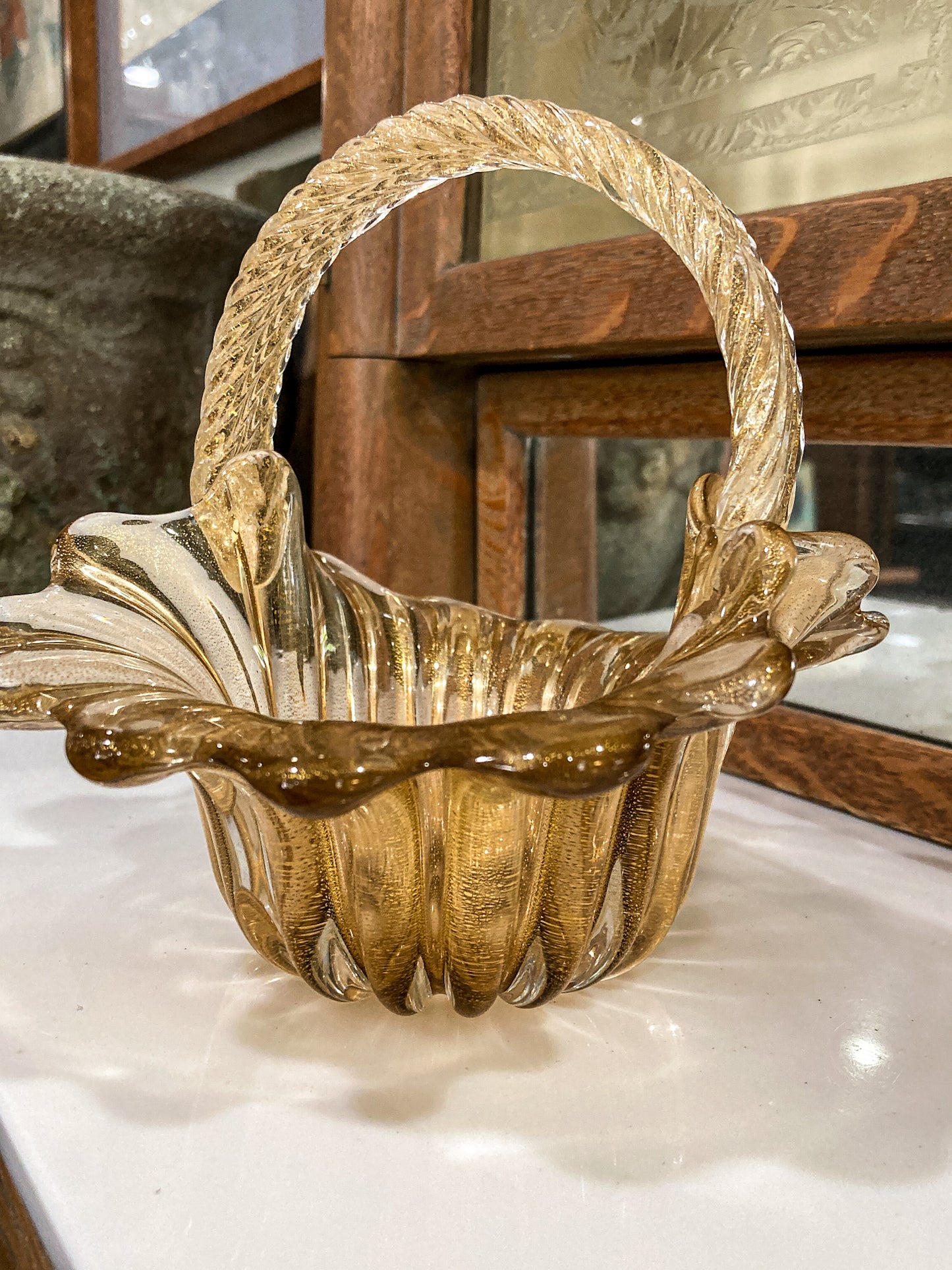 Vintage 1970s Murano Italian Gold Fleck Handblown Glass Basket Bowl