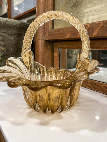 Vintage 1970s Murano Italian Gold Fleck Handblown Glass Basket Bowl