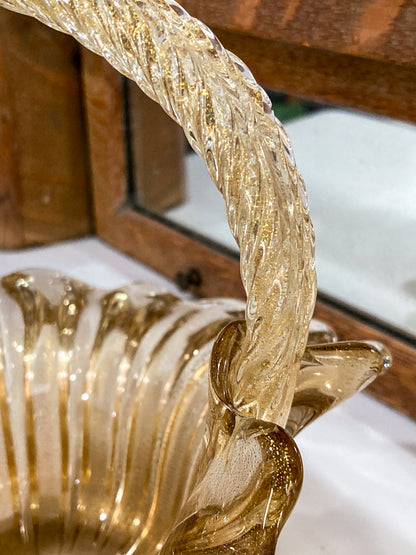 Vintage 1970s Murano Italian Gold Fleck Handblown Glass Basket Bowl