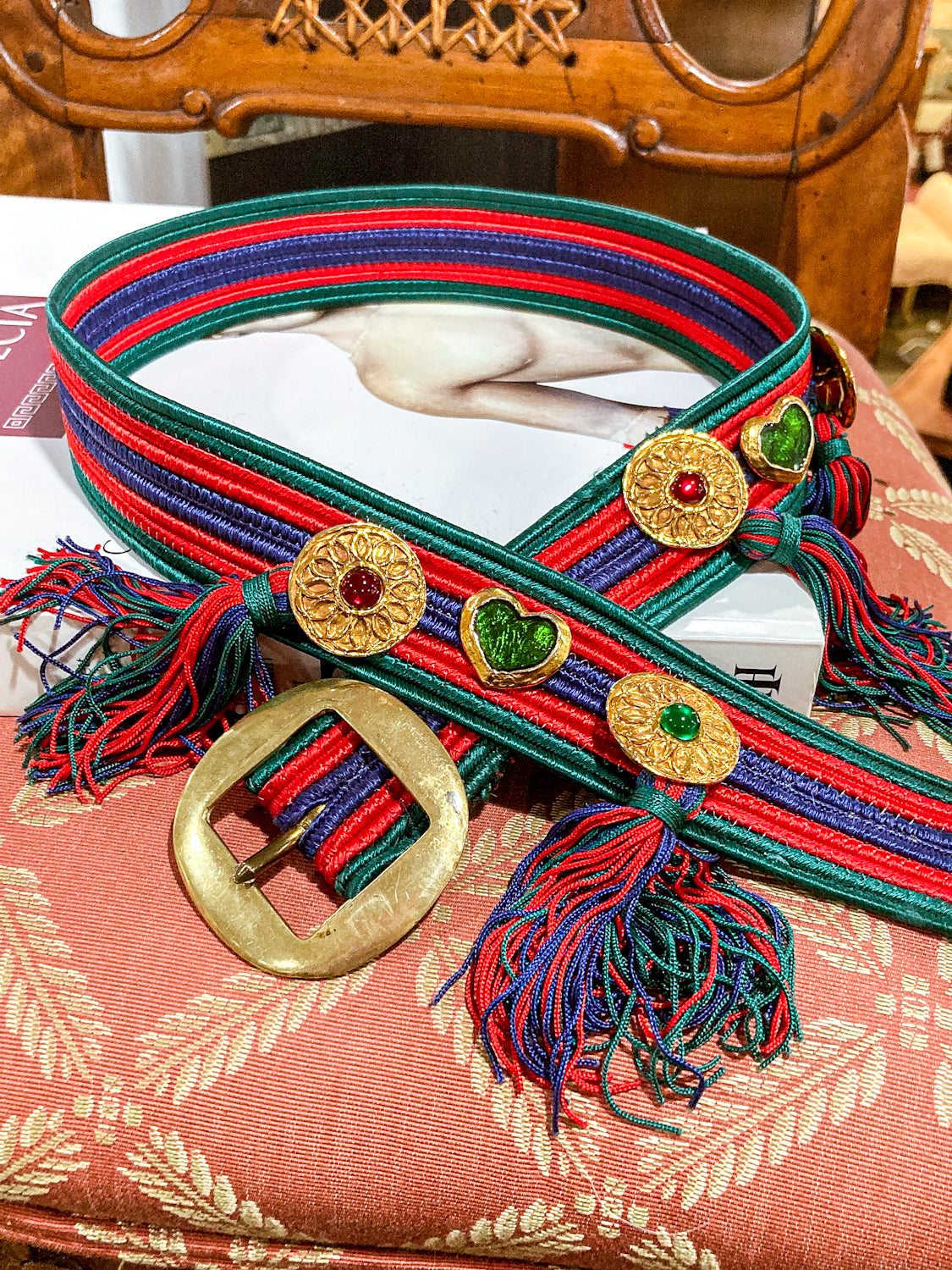 Vintage 1970s Yves Saint Laurent Heart Green Red Blue Tassel Rope Belt ...