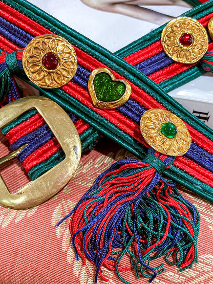Vintage 1970s Yves Saint Laurent Heart Green Red Blue Tassel Rope Belt