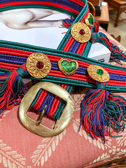 Vintage 1970s Yves Saint Laurent Heart Green Red Blue Tassel Rope Belt