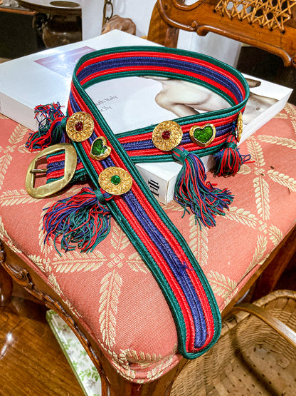 Vintage 1970s Yves Saint Laurent Heart Green Red Blue Tassel Rope Belt