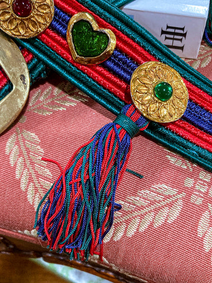Vintage 1970s Yves Saint Laurent Heart Green Red Blue Tassel Rope Belt