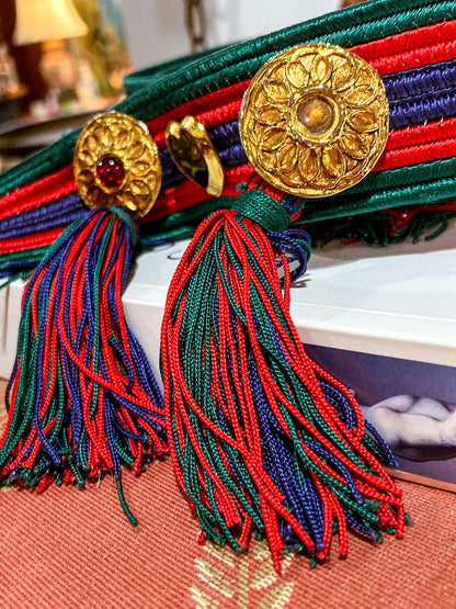 Vintage 1970s Yves Saint Laurent Heart Green Red Blue Tassel Rope Belt