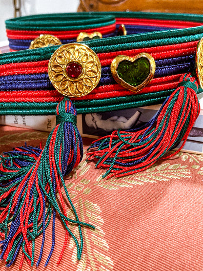 Vintage 1970s Yves Saint Laurent Heart Green Red Blue Tassel Rope Belt