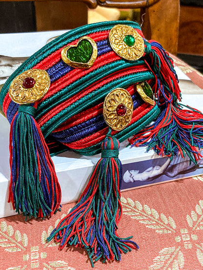 Vintage 1970s Yves Saint Laurent Heart Green Red Blue Tassel Rope Belt