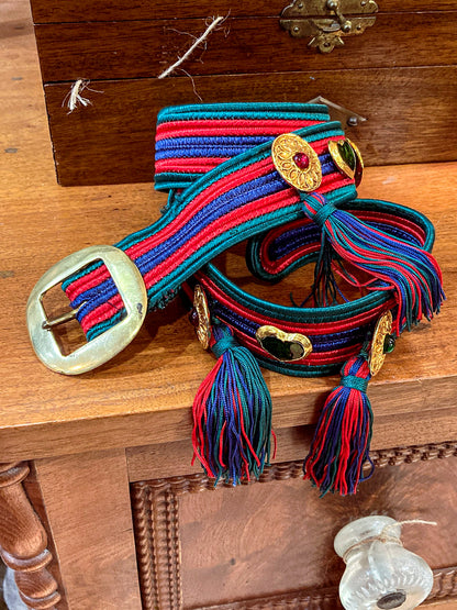 Vintage 1970s Yves Saint Laurent Heart Green Red Blue Tassel Rope Belt