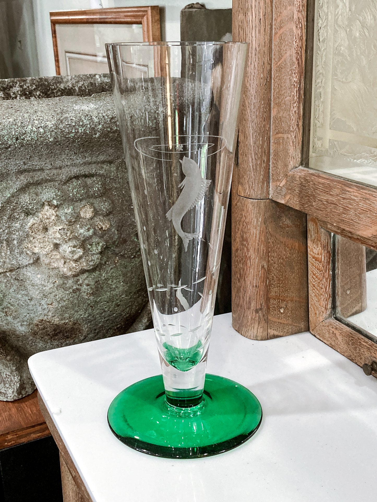 Vintage 1972 Scandinavian Fish Motif Etched Green Clear Glass Trumpet Vase