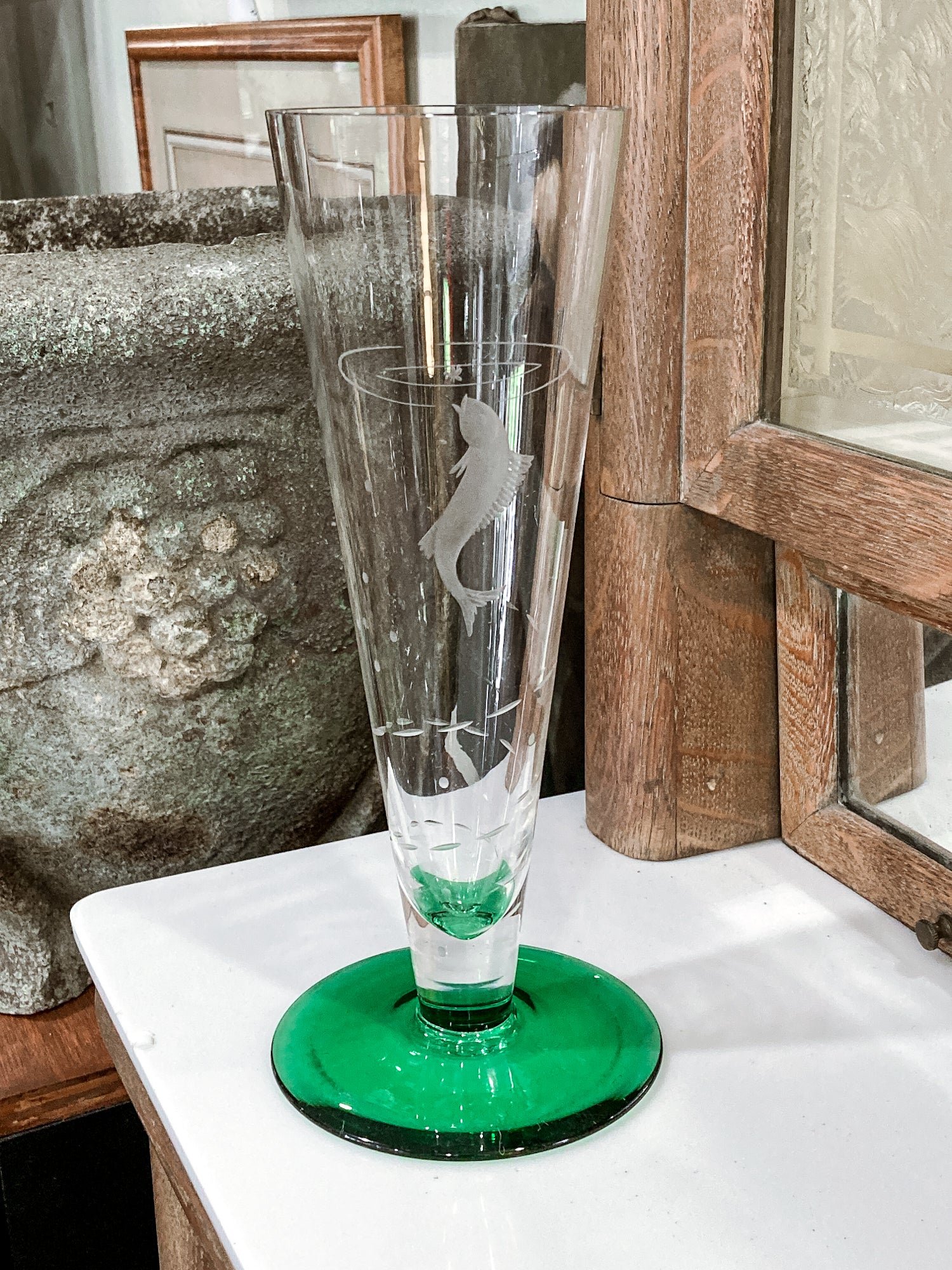 Vintage 1972 Scandinavian Fish Motif Etched Green Clear Glass Trumpet Vase
