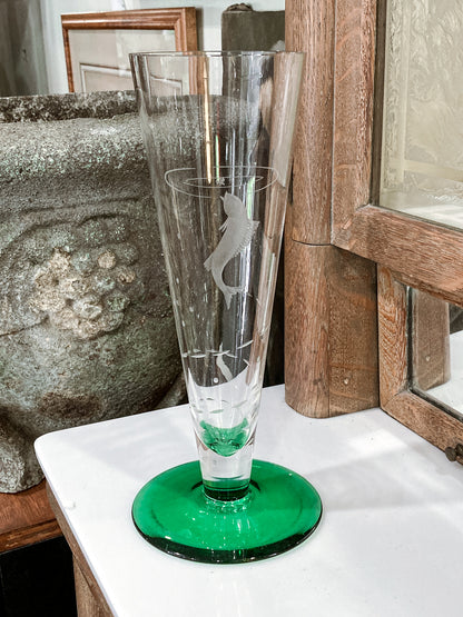 Vintage 1972 Scandinavian Fish Motif Etched Green Clear Glass Trumpet Vase