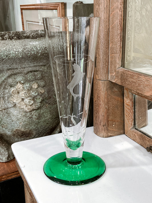 Vintage 1972 Scandinavian Fish Motif Etched Green Clear Glass Trumpet Vase