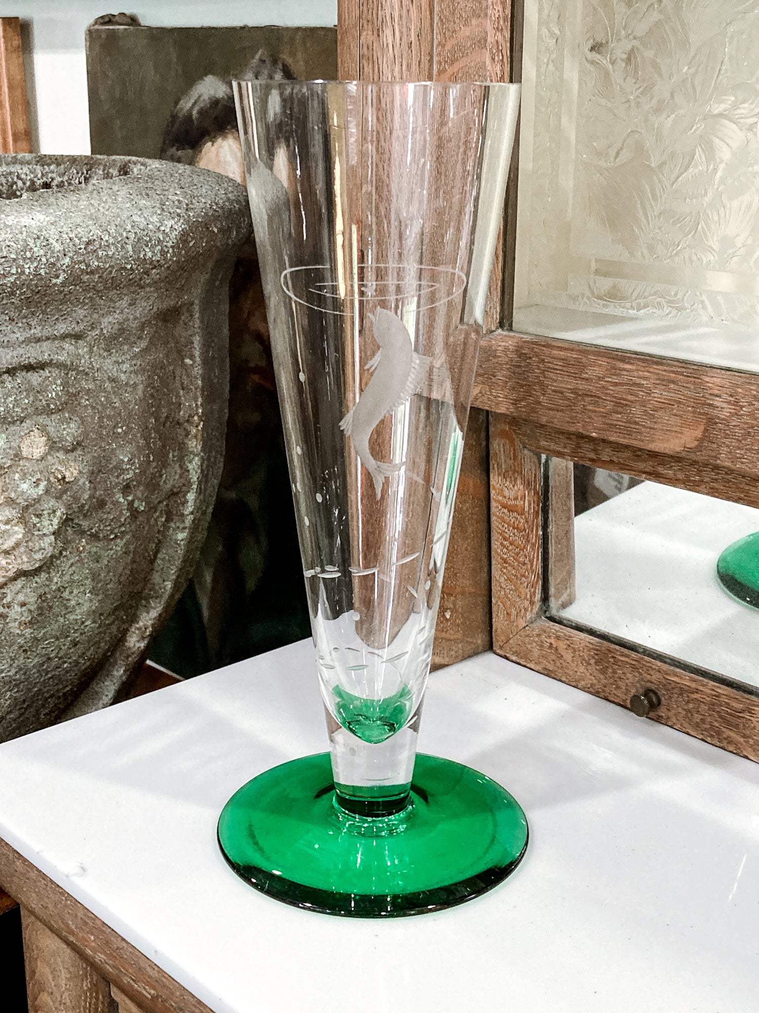 Vintage 1972 Scandinavian Fish Motif Etched Green Clear Glass Trumpet Vase