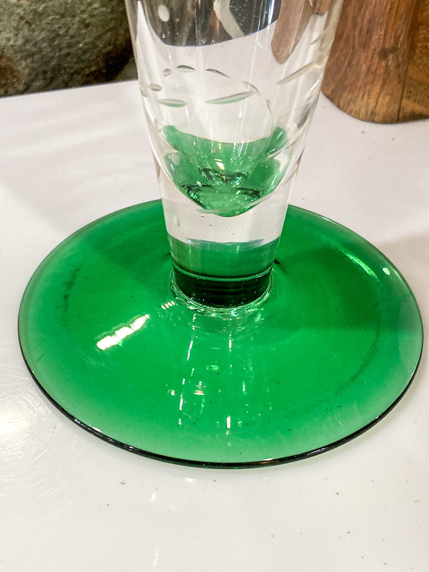 Vintage 1972 Scandinavian Fish Motif Etched Green Clear Glass Trumpet Vase