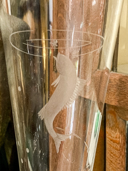 Vintage 1972 Scandinavian Fish Motif Etched Green Clear Glass Trumpet Vase
