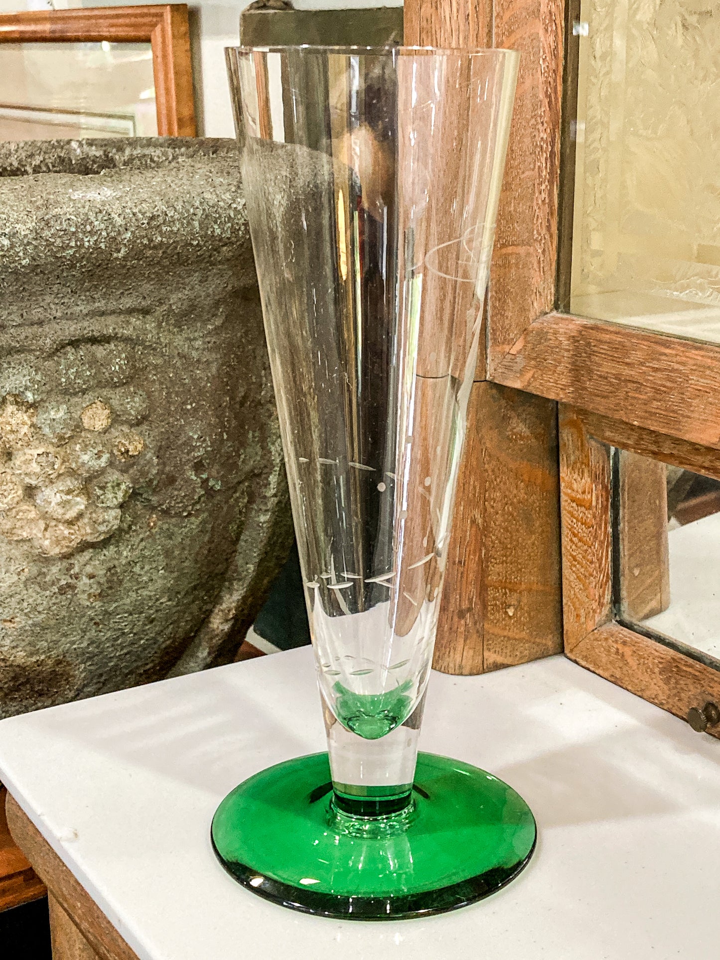Vintage 1972 Scandinavian Fish Motif Etched Green Clear Glass Trumpet Vase