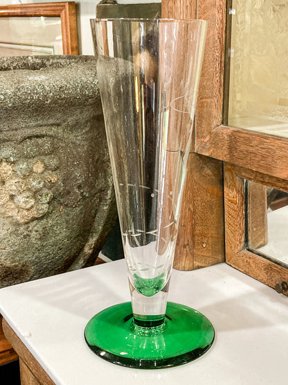 Vintage 1972 Scandinavian Fish Motif Etched Green Clear Glass Trumpet Vase