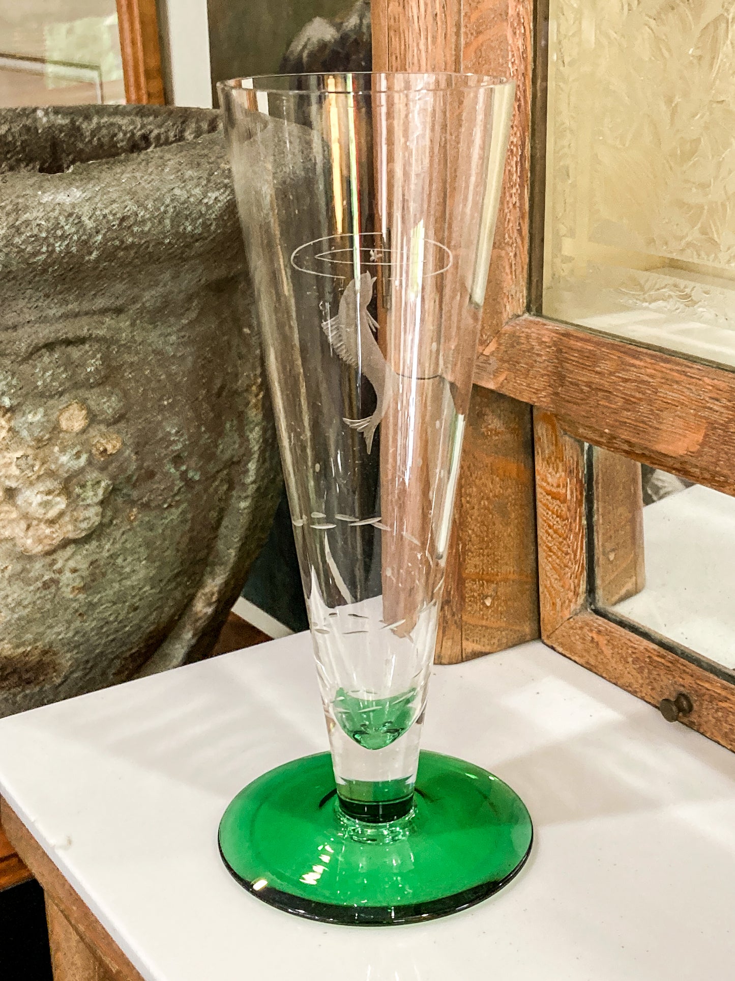 Vintage 1972 Scandinavian Fish Motif Etched Green Clear Glass Trumpet Vase