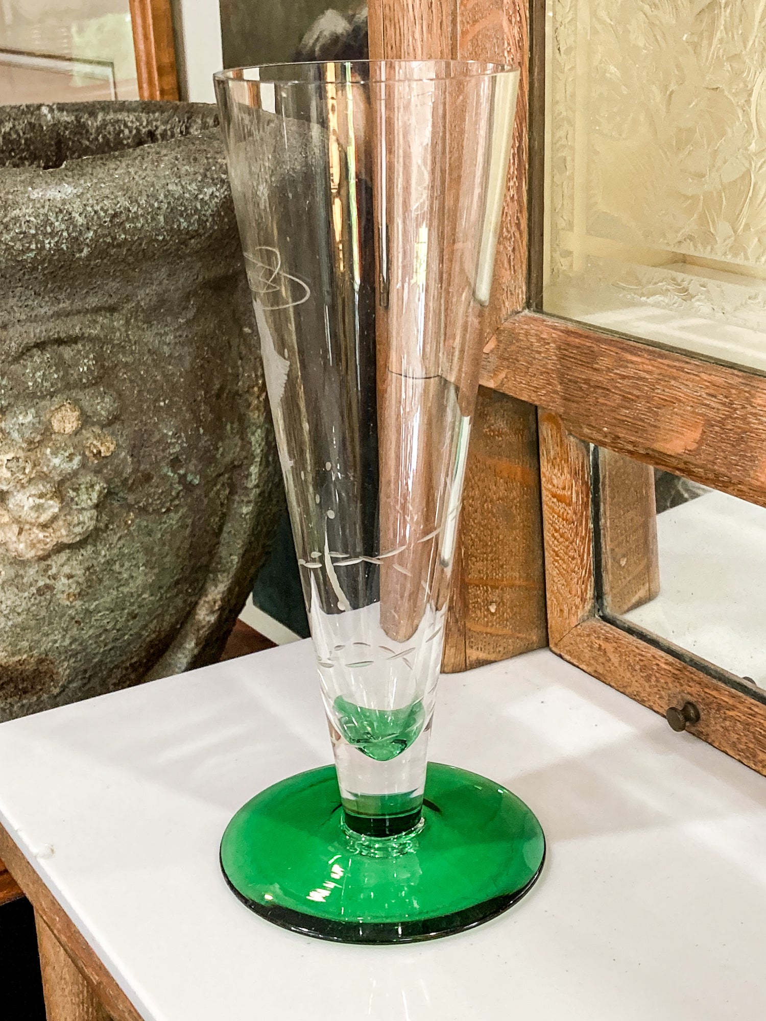 Vintage 1972 Scandinavian Fish Motif Etched Green Clear Glass Trumpet Vase