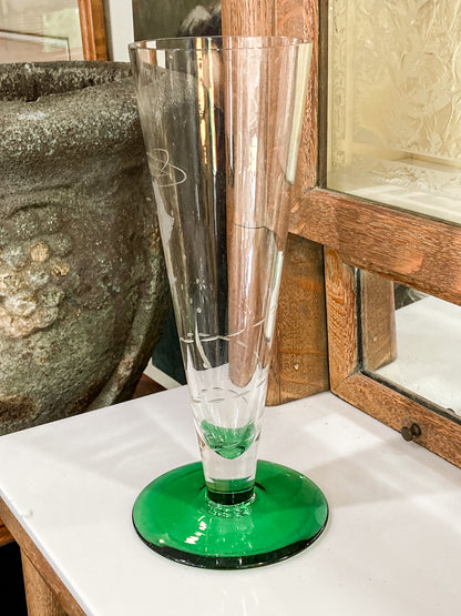 Vintage 1972 Scandinavian Fish Motif Etched Green Clear Glass Trumpet Vase