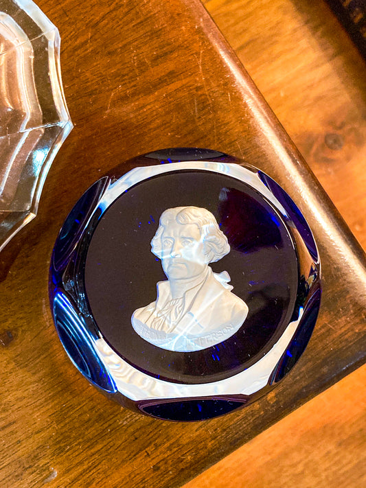 Vintage 1974 Thomas Jefferson Baccarat Franklin Mint Cobalt Glass Paperweight