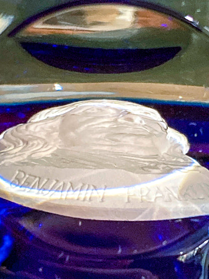 Vintage 1975 Benjamin Franklin Baccarat Franklin Mint Cobalt Glass Paperweight