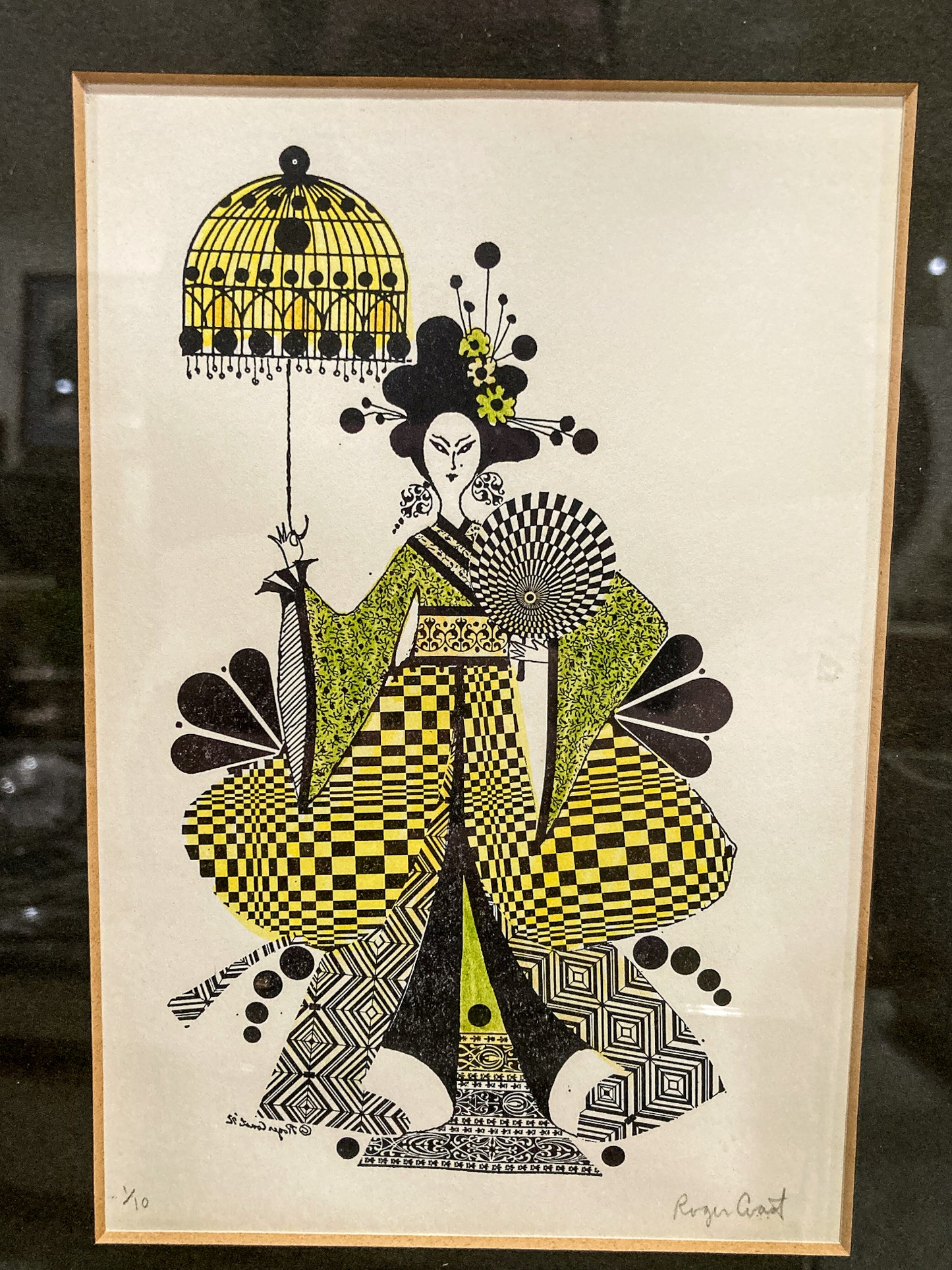 Vintage 1975 Psychedelic Roger Coast Yellow Black Graphic Geisha Framed Print