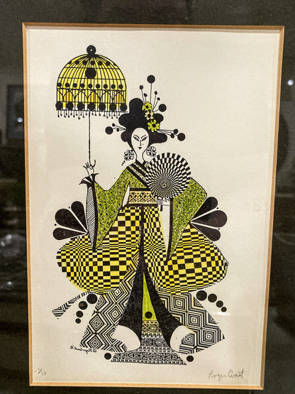Vintage 1975 Psychedelic Roger Coast Yellow Black Graphic Geisha Framed Print