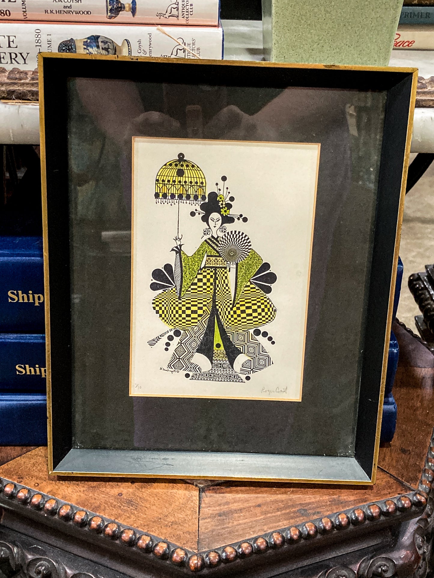 Vintage 1975 Psychedelic Roger Coast Yellow Black Graphic Geisha Framed Print
